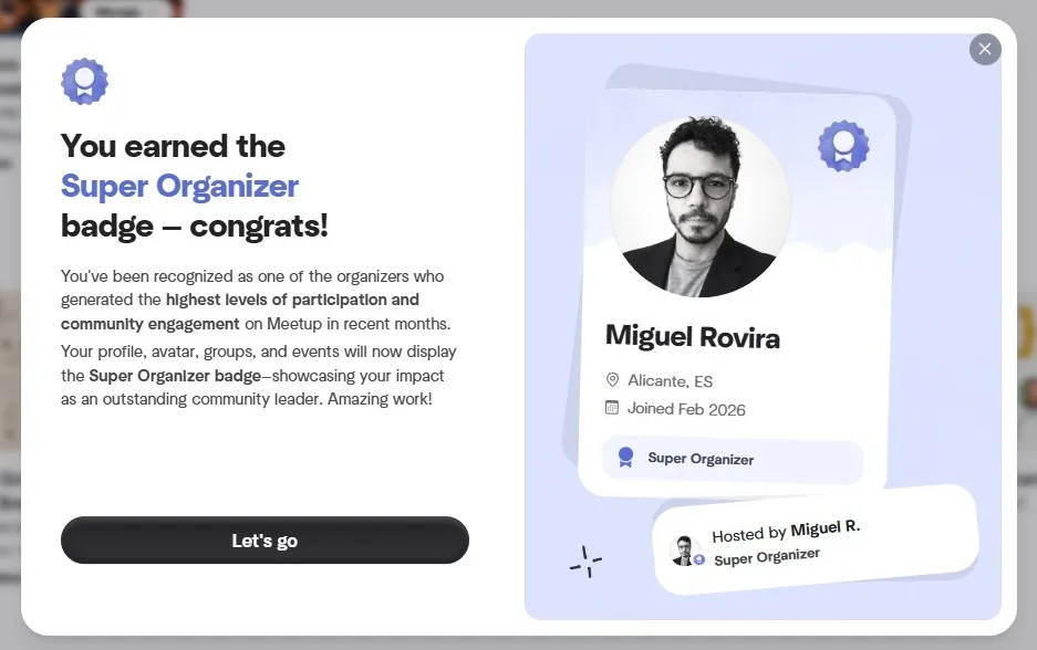 Meetup Super Organizer badge awarded to Miguel Rovira, Alicante